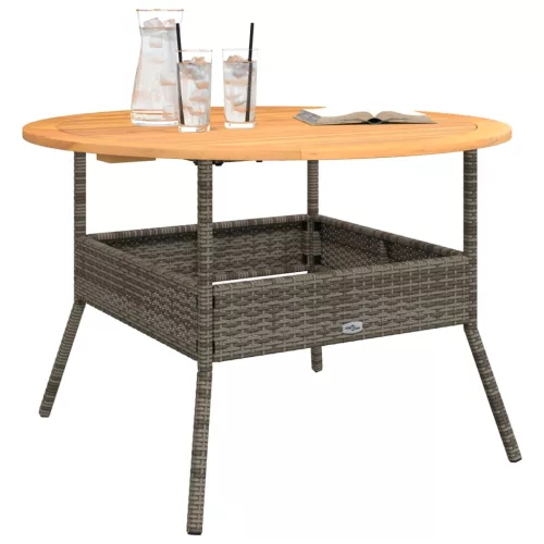 Szürke polyrattan kerti asztal akácfa lappal Ø110 x 71 cm