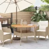 Bézs polyrattan kerti asztal akácfa lappal Ø110 x 71 cm