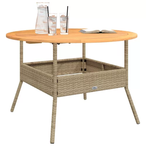Bézs polyrattan kerti asztal akácfa lappal Ø110 x 71 cm