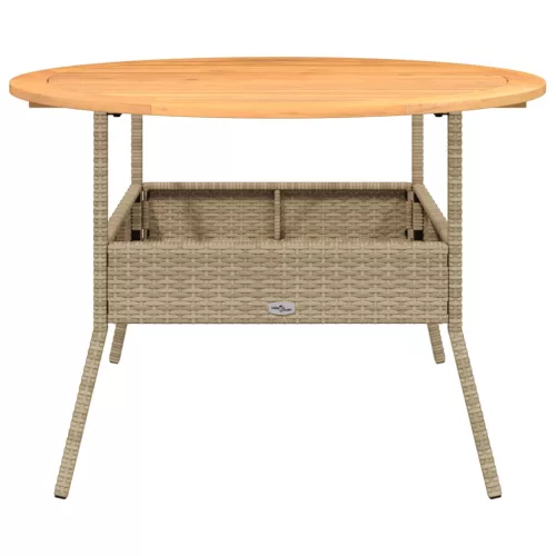 Bézs polyrattan kerti asztal akácfa lappal Ø110 x 71 cm