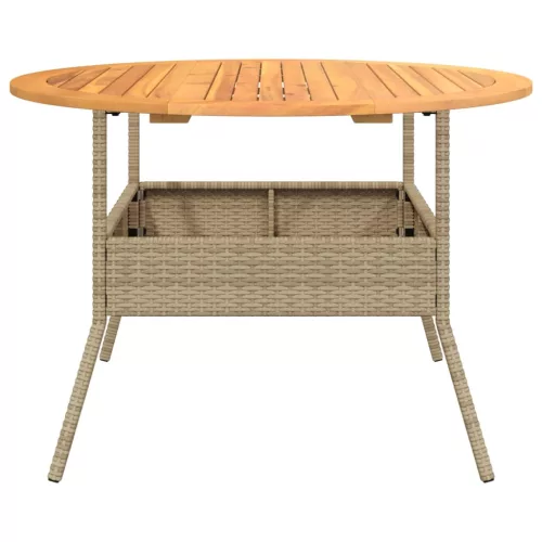 Bézs polyrattan kerti asztal akácfa lappal Ø110 x 71 cm