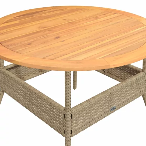 Bézs polyrattan kerti asztal akácfa lappal Ø110 x 71 cm