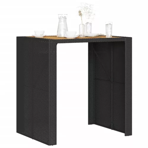 Fekete polyrattan kerti bárasztal akácfa lappal 105x80x110 cm