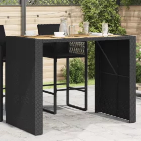   Fekete polyrattan kerti bárasztal akácfa lappal 145x80x110 cm