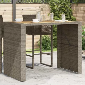   Szürke polyrattan kerti bárasztal akácfa lappal 145x80x110 cm