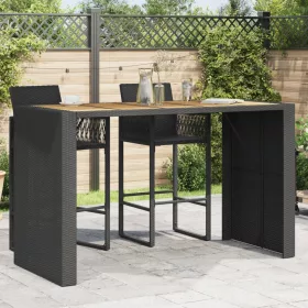   Fekete polyrattan kerti bárasztal akácfa lappal 185x80x110 cm