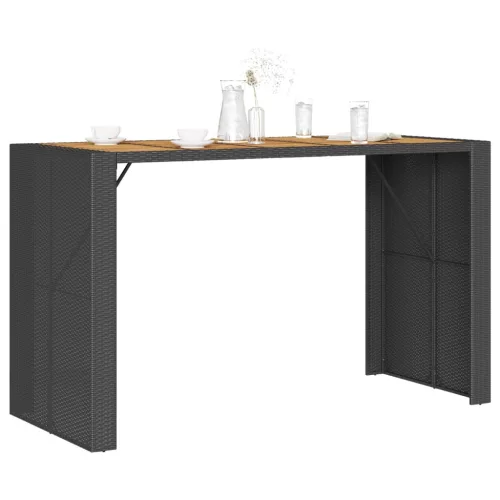 Fekete polyrattan kerti bárasztal akácfa lappal 185x80x110 cm