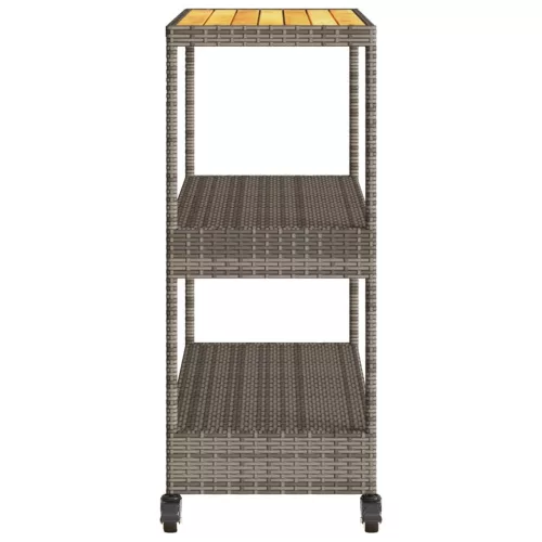 3 szintes szürke polyrattan és tömör akácfa zsúrkocsi