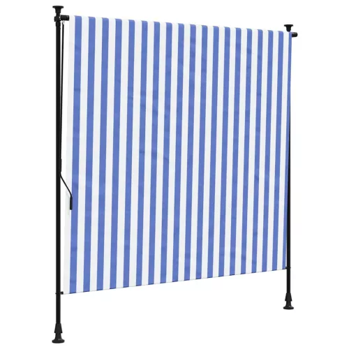 Kék és fehér szövet és acél kültéri roló 150 x 270 cm
