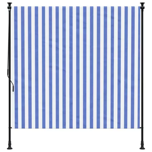 Kék és fehér szövet és acél kültéri roló 150 x 270 cm