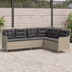   Világosszürke polyrattan L-alakú kerti kanapé párnákkal