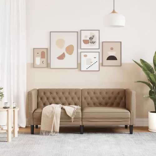 Kétszemélyes kávészínű műbőr Chesterfield kanapé