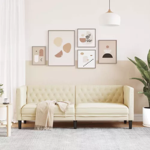 3 személyes krémszínű műbőr Chesterfield kanapé