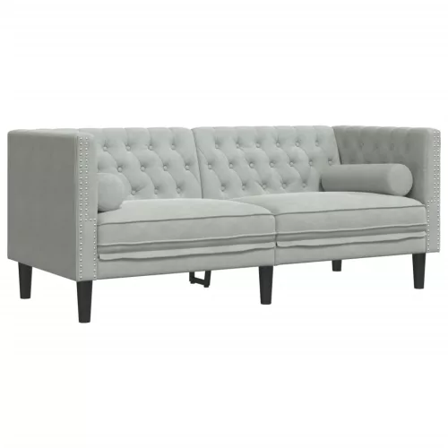 2 személyes világoszöld bársony Chesterfield kanapé párnákkal
