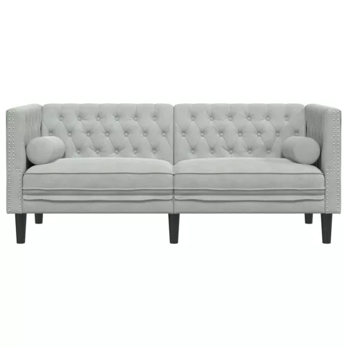 2 személyes világoszöld bársony Chesterfield kanapé párnákkal