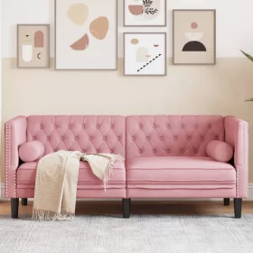   2 személyes rózsaszín bársony Chesterfield kanapé párnákkal