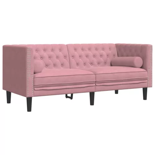 2 személyes rózsaszín bársony Chesterfield kanapé párnákkal
