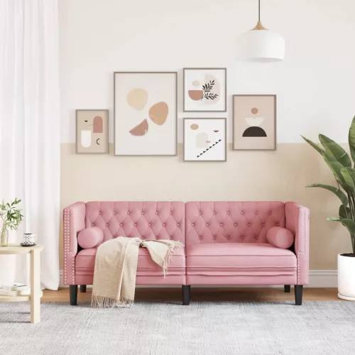 2 személyes rózsaszín bársony Chesterfield kanapé párnákkal