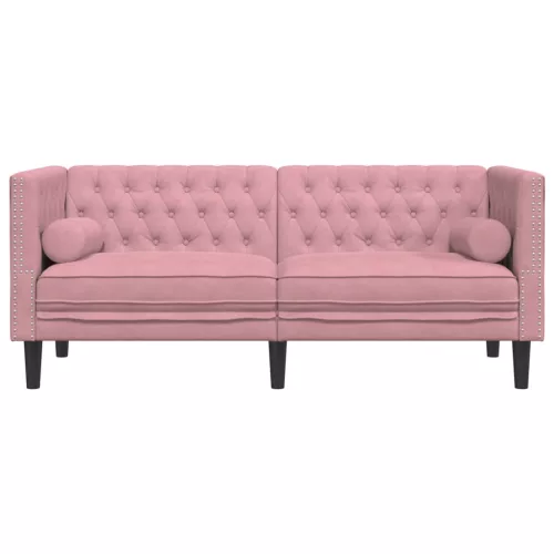 2 személyes rózsaszín bársony Chesterfield kanapé párnákkal