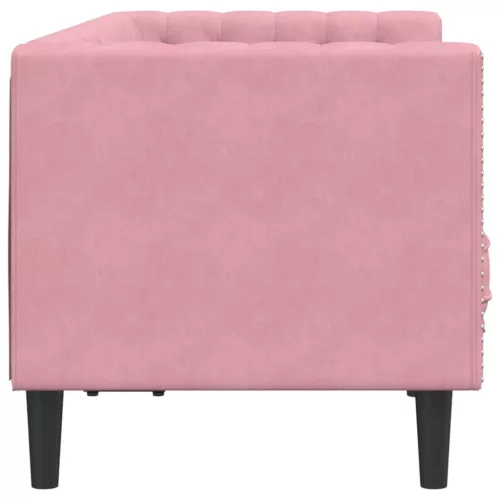 2 személyes rózsaszín bársony Chesterfield kanapé párnákkal