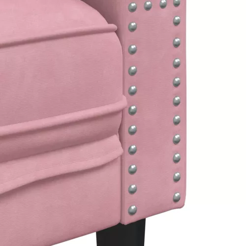 2 személyes rózsaszín bársony Chesterfield kanapé párnákkal