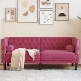   2 személyes bordó bársony Chesterfield kanapé hengerpárnákkal