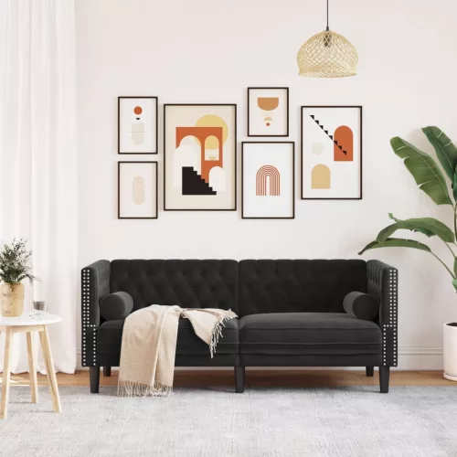 2 személyes fekete bársony Chesterfield kanapé hengerpárnákkal