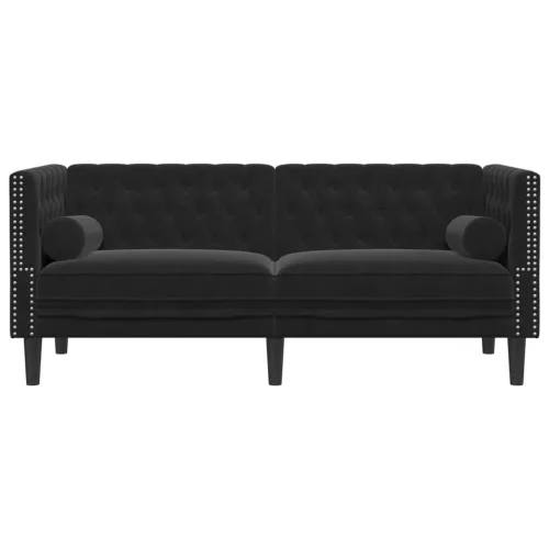 2 személyes fekete bársony Chesterfield kanapé hengerpárnákkal