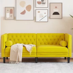   2 személyes sárga bársony Chesterfield kanapé hengerpárnákkal