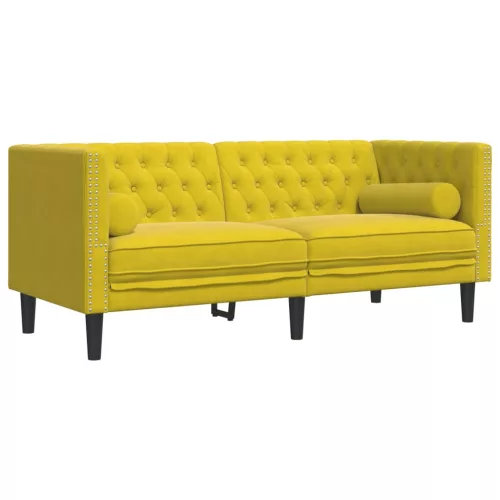2 személyes sárga bársony Chesterfield kanapé hengerpárnákkal