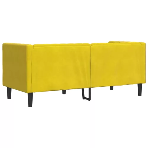 2 személyes sárga bársony Chesterfield kanapé hengerpárnákkal