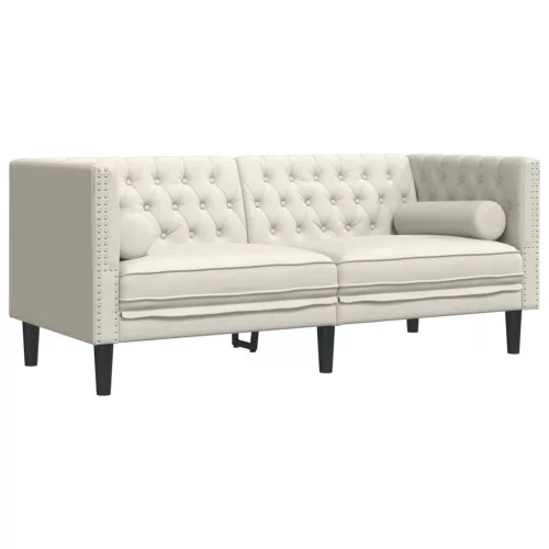 2 személyes krémszínű bársony Chesterfield kanapé párnákkal