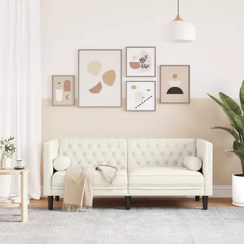 2 személyes krémszínű bársony Chesterfield kanapé párnákkal