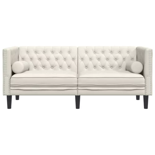 2 személyes krémszínű bársony Chesterfield kanapé párnákkal