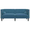 2 személyes kék bársony Chesterfield kanapé hengerpárnákkal