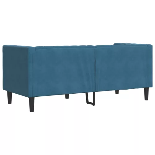 2 személyes kék bársony Chesterfield kanapé hengerpárnákkal