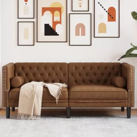   2 személyes barna műbőr Chesterfield kanapé hengerpárnákkal