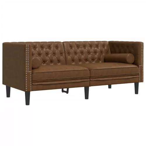 2 személyes barna műbőr Chesterfield kanapé hengerpárnákkal