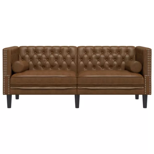 2 személyes barna műbőr Chesterfield kanapé hengerpárnákkal