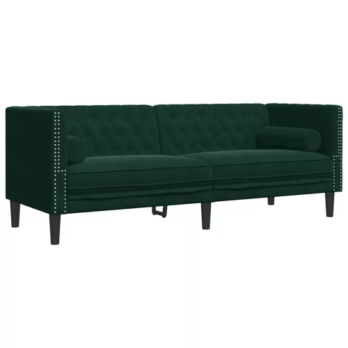 3 személyes sötétzöld bársony Chesterfield kanapé párnákkal
