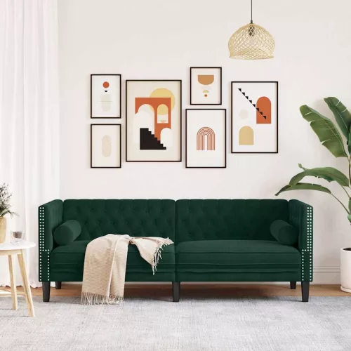 3 személyes sötétzöld bársony Chesterfield kanapé párnákkal