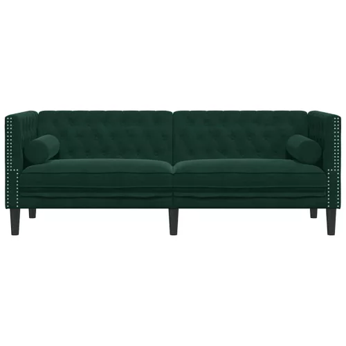 3 személyes sötétzöld bársony Chesterfield kanapé párnákkal
