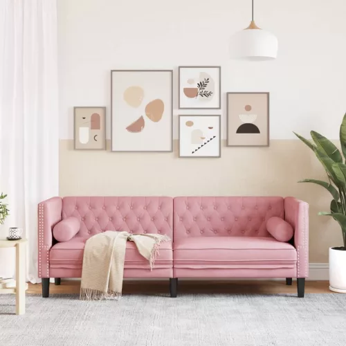 3 személyes rózsaszín bársony Chesterfield kanapé párnákkal