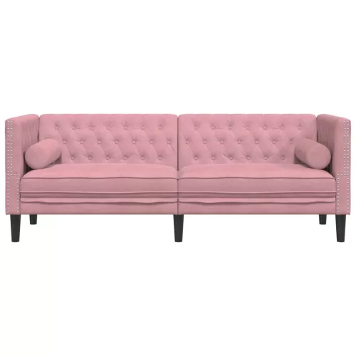 3 személyes rózsaszín bársony Chesterfield kanapé párnákkal