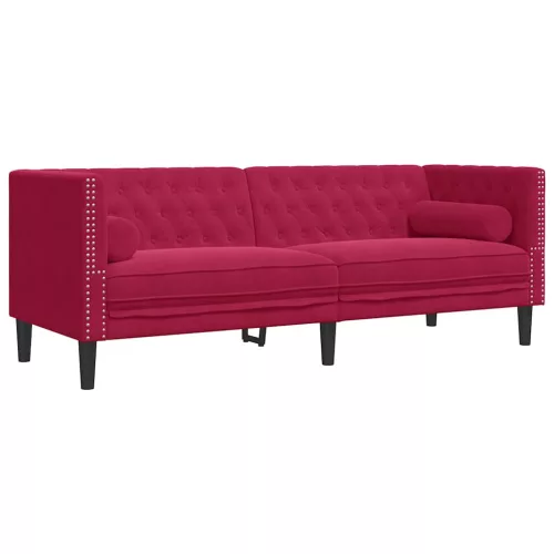 3 személyes bordó bársony Chesterfield kanapé hengerpárnákkal