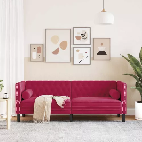 3 személyes bordó bársony Chesterfield kanapé hengerpárnákkal
