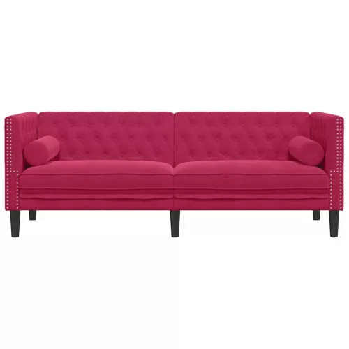 3 személyes bordó bársony Chesterfield kanapé hengerpárnákkal