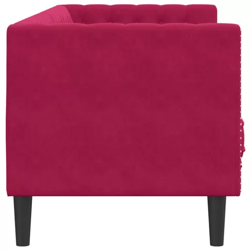 3 személyes bordó bársony Chesterfield kanapé hengerpárnákkal