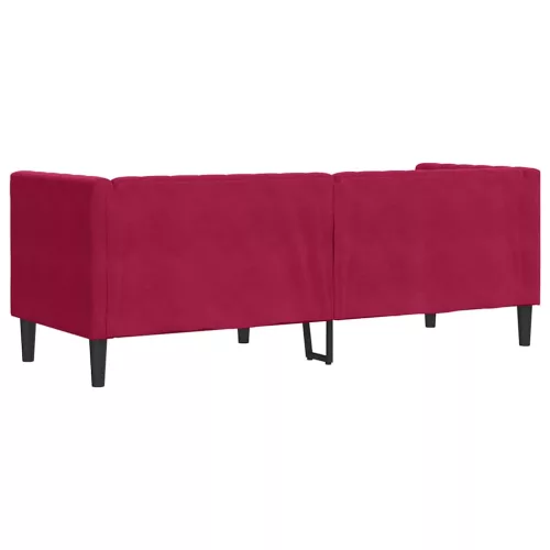 3 személyes bordó bársony Chesterfield kanapé hengerpárnákkal