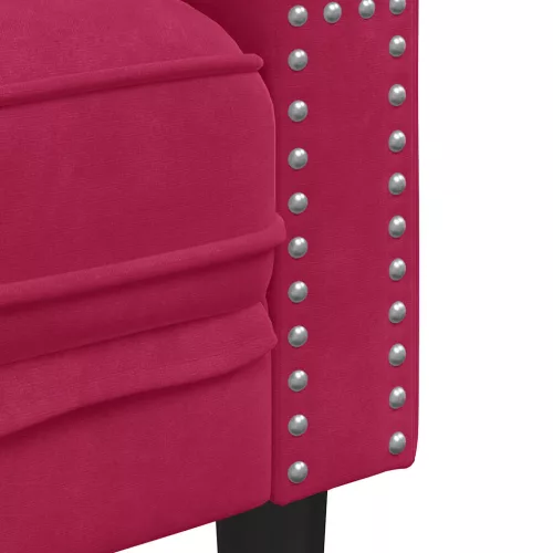 3 személyes bordó bársony Chesterfield kanapé hengerpárnákkal